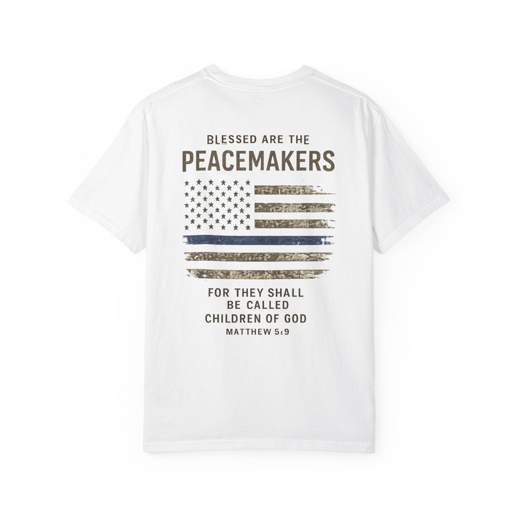 Men’s Peacemakers Thin Blue Line Flag T-Shirt — "Blessed Are The Peacemakers" (Matthew 5:9)