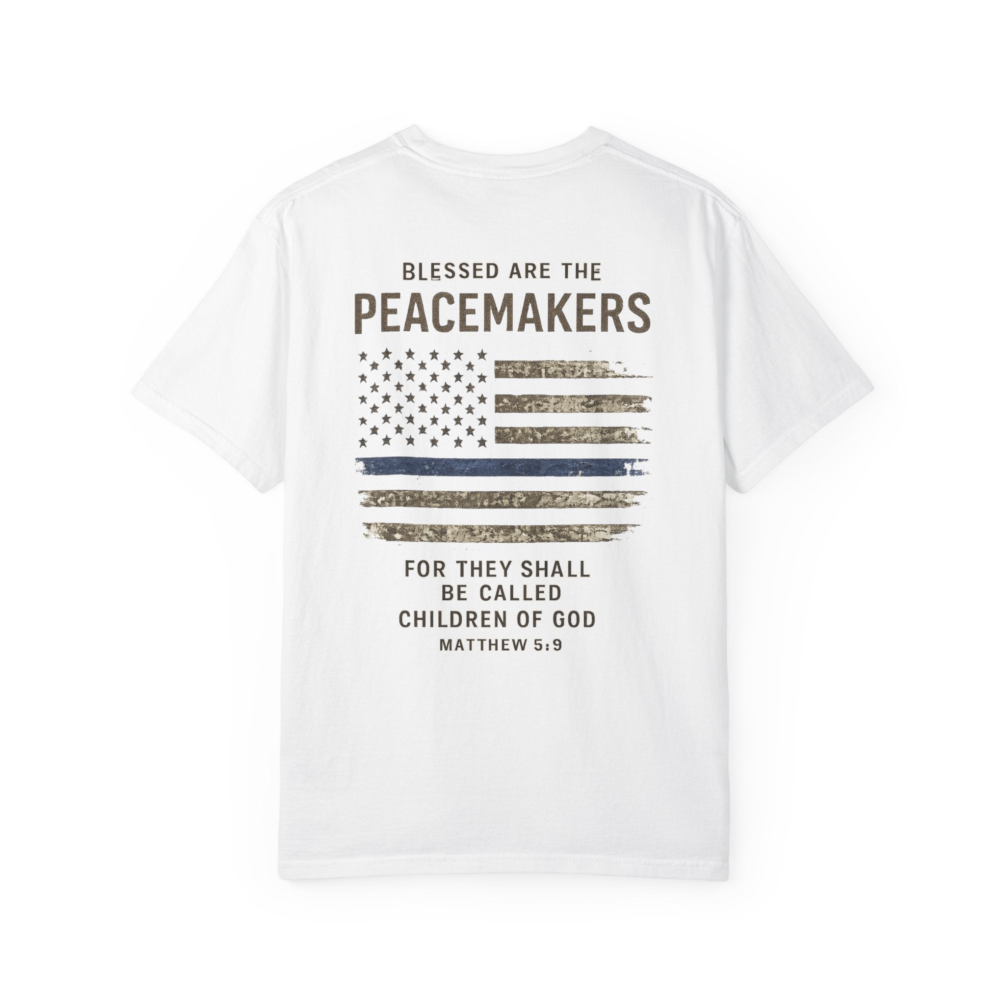 Men’s Peacemakers Thin Blue Line Flag T-Shirt — "Blessed Are The Peacemakers" (Matthew 5:9)