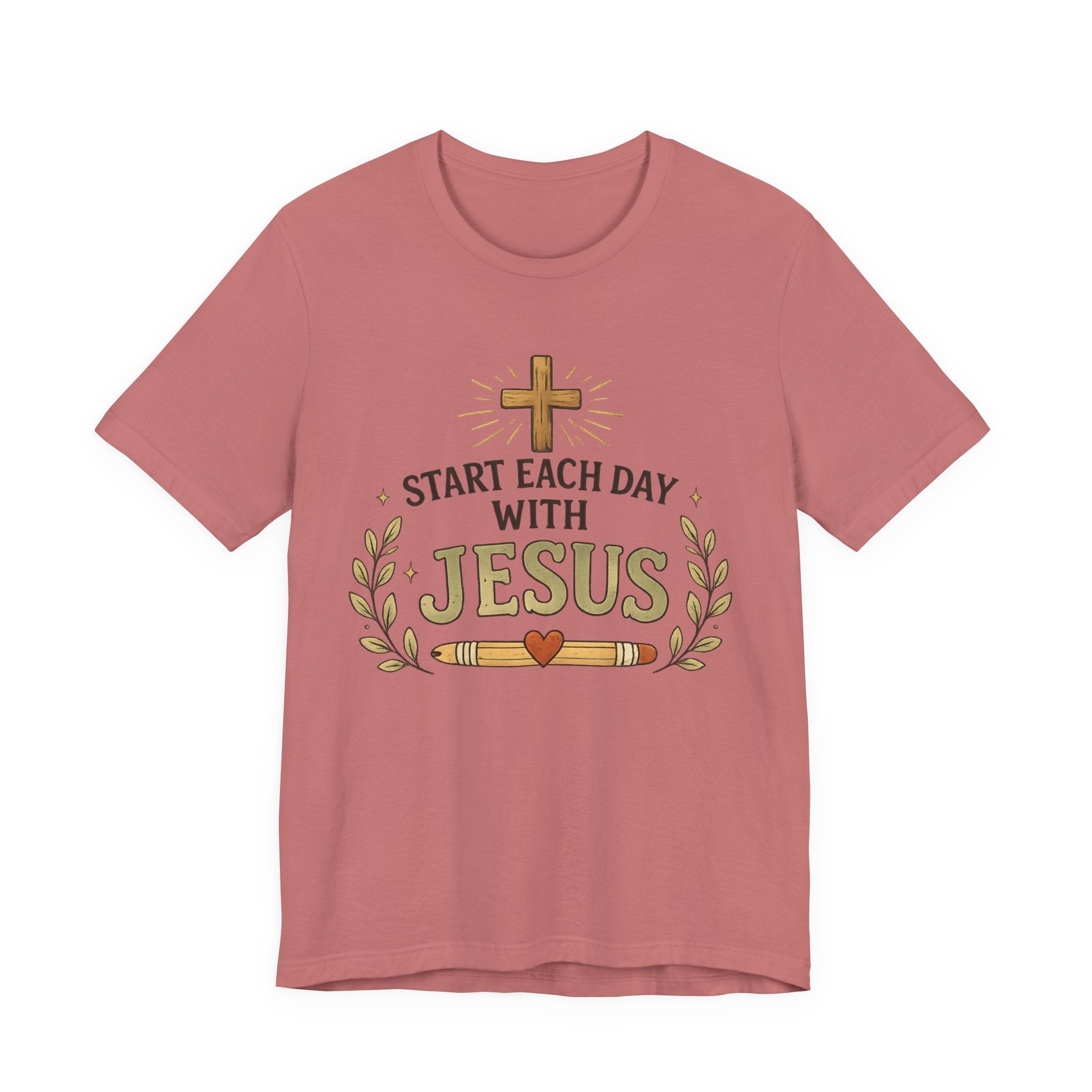 Woman’s Start Each Day With Jesus T‑Shirt — Inspirational Christian Faith Tee