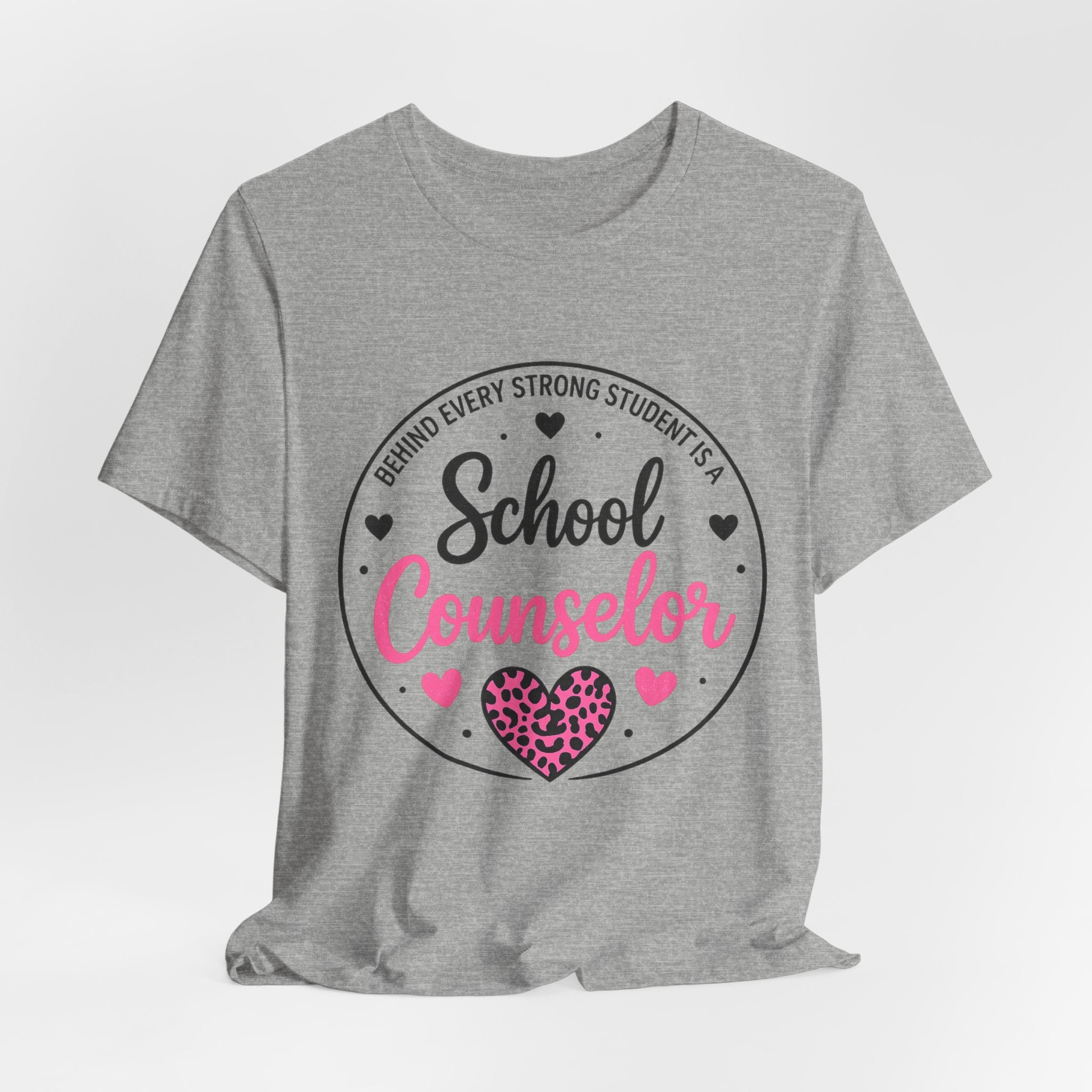 School Counselor T‑Shirt – 'Behind Every Strong Student Is a School Counselor' Pink Leopard Heart Tee