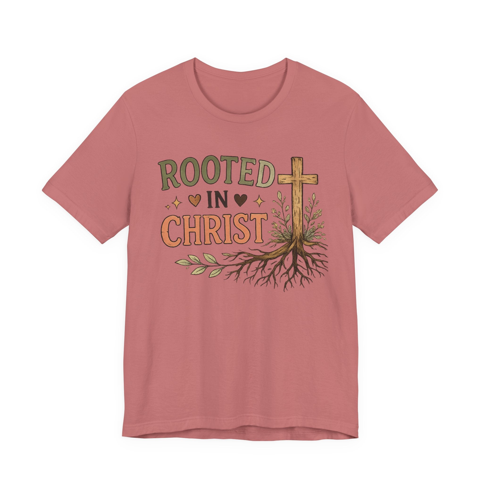 Woman’s Rooted in Christ T-Shirt — Christian Faith Tee with Cross & Tree Roots