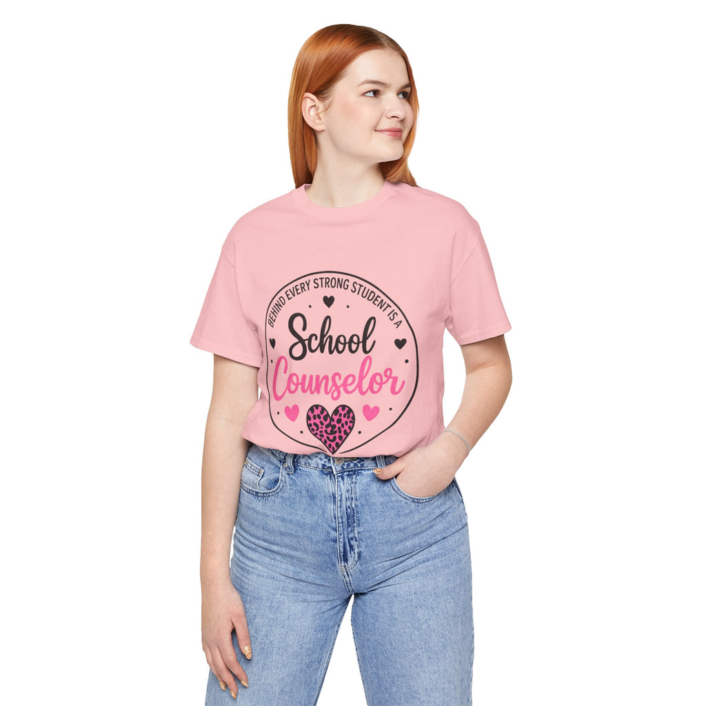 School Counselor T‑Shirt – 'Behind Every Strong Student Is a School Counselor' Pink Leopard Heart Tee