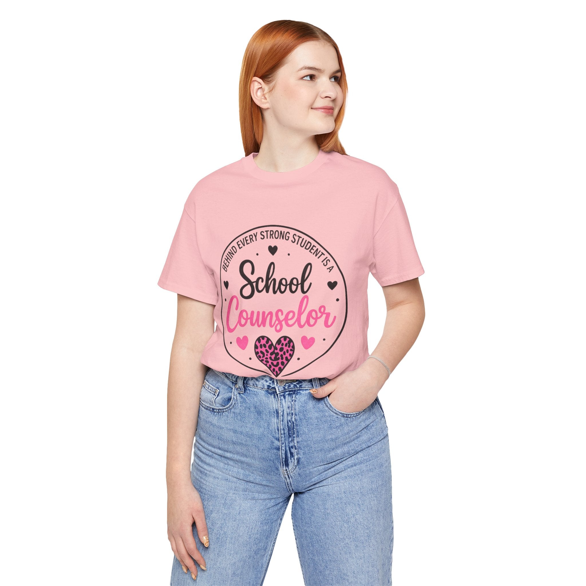 School Counselor T‑Shirt – 'Behind Every Strong Student Is a School Counselor' Pink Leopard Heart Tee