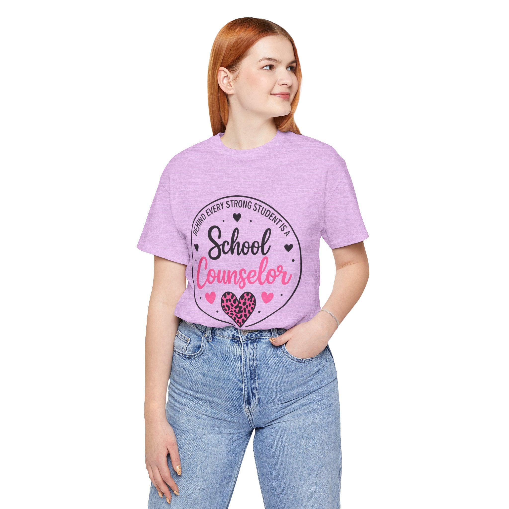 School Counselor T‑Shirt – 'Behind Every Strong Student Is a School Counselor' Pink Leopard Heart Tee