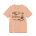 Rooted in Christ T-Shirt — Christian Faith Tee with Cross & Tree Roots