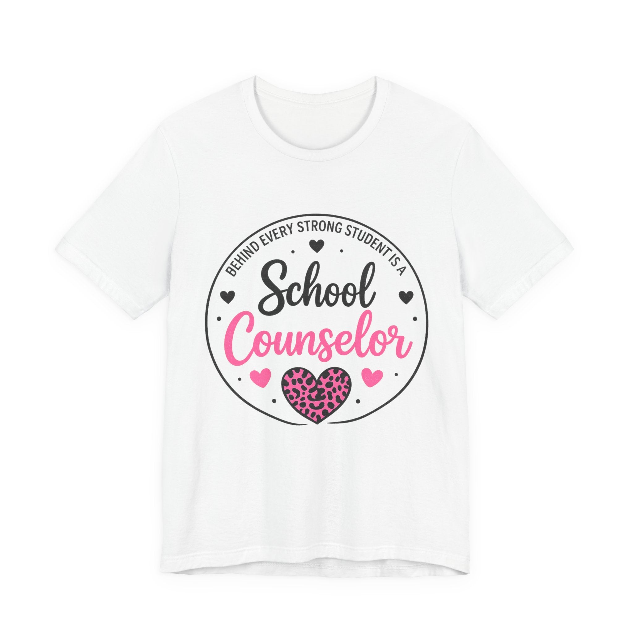 School Counselor T‑Shirt – 'Behind Every Strong Student Is a School Counselor' Pink Leopard Heart Tee