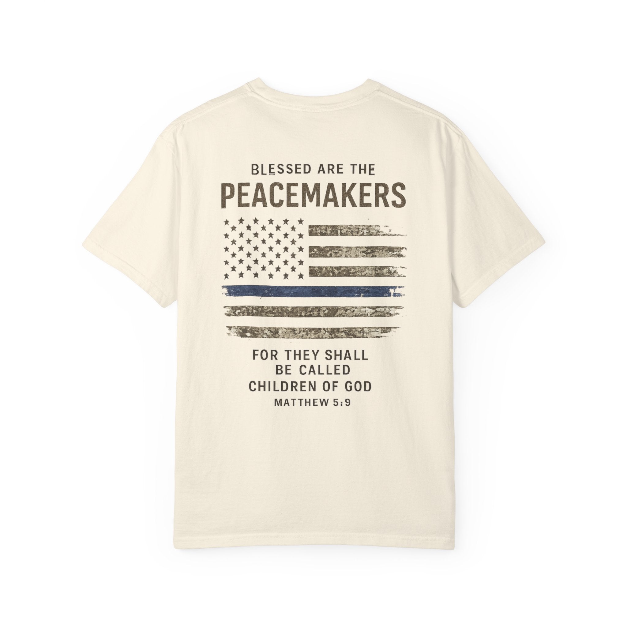 Men’s Peacemakers Thin Blue Line Flag T-Shirt — "Blessed Are The Peacemakers" (Matthew 5:9)