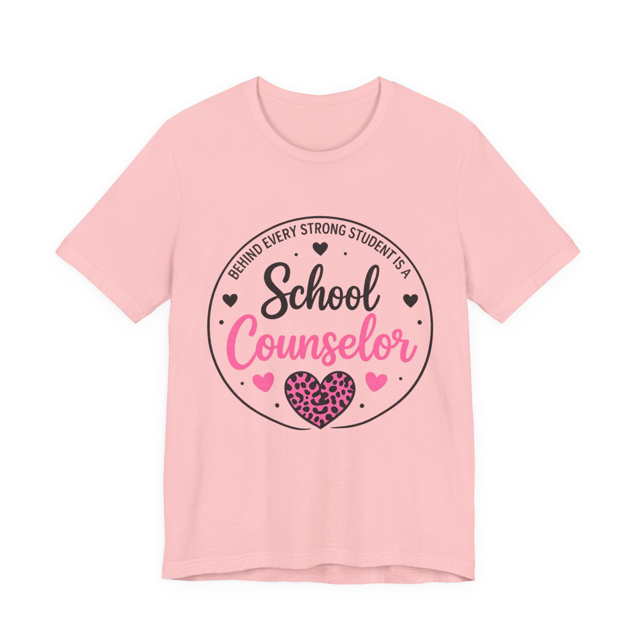 School Counselor T‑Shirt – 'Behind Every Strong Student Is a School Counselor' Pink Leopard Heart Tee