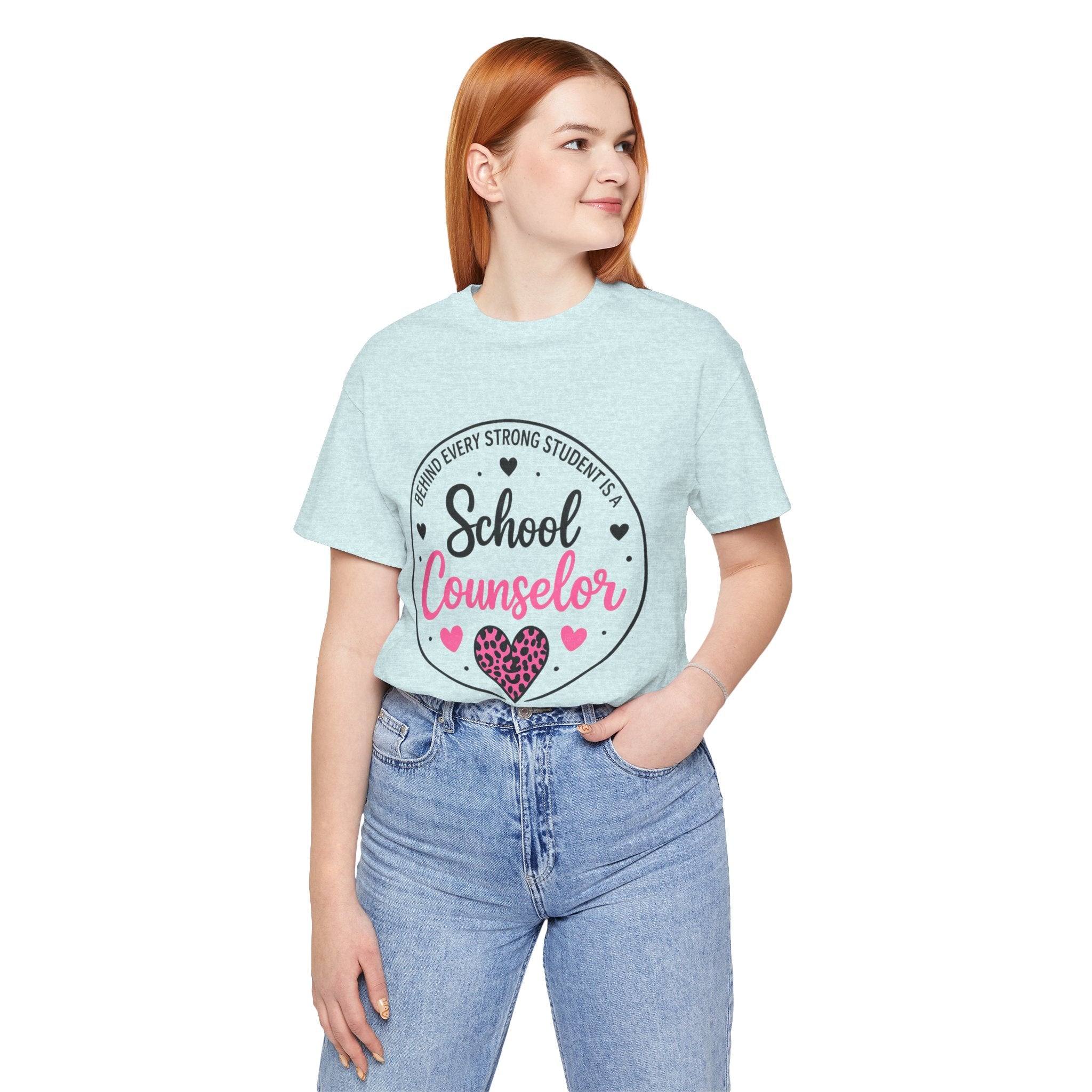 School Counselor T‑Shirt – 'Behind Every Strong Student Is a School Counselor' Pink Leopard Heart Tee