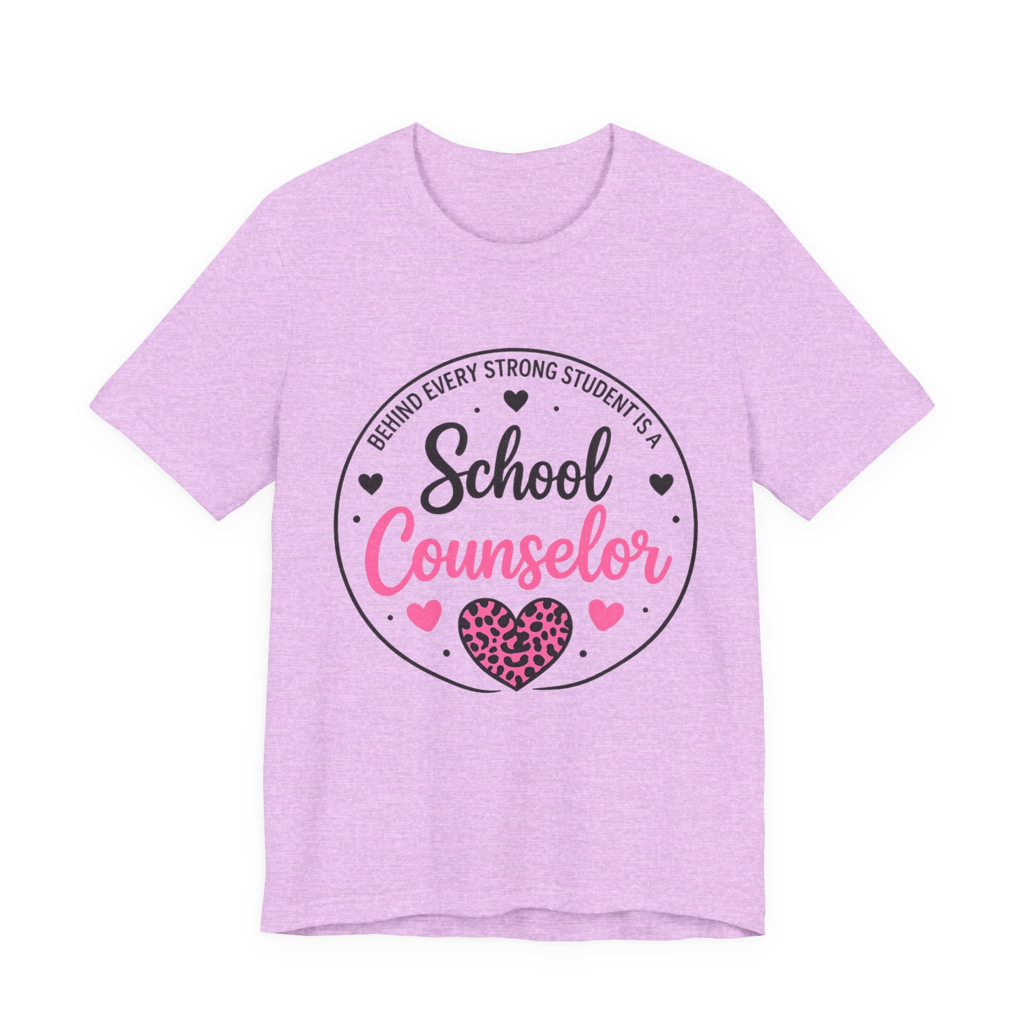 School Counselor T‑Shirt – 'Behind Every Strong Student Is a School Counselor' Pink Leopard Heart Tee