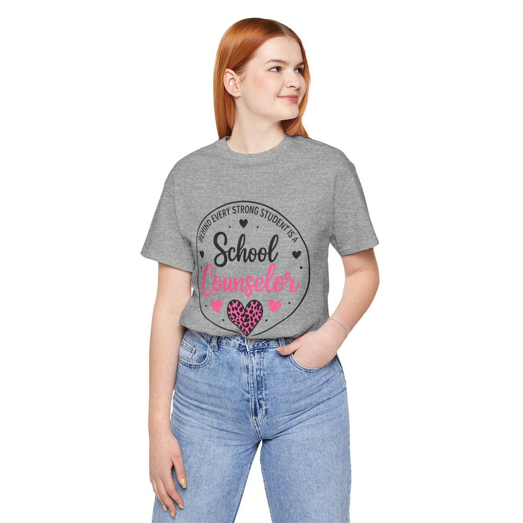 School Counselor T‑Shirt – 'Behind Every Strong Student Is a School Counselor' Pink Leopard Heart Tee