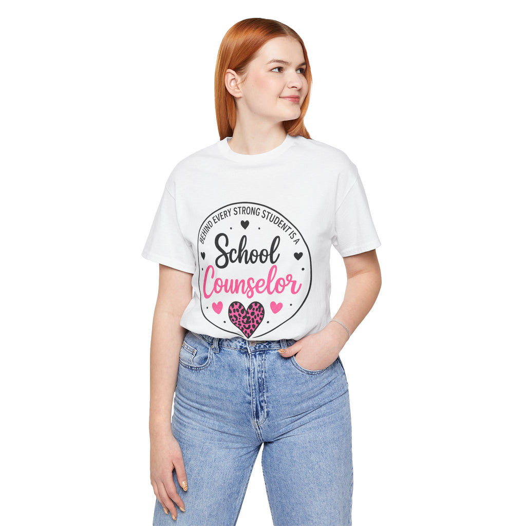 School Counselor T‑Shirt – 'Behind Every Strong Student Is a School Counselor' Pink Leopard Heart Tee