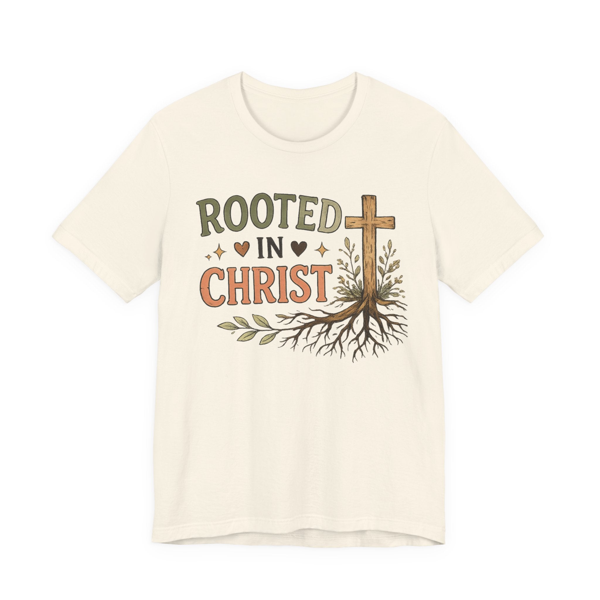 Woman’s Rooted in Christ T-Shirt — Christian Faith Tee with Cross & Tree Roots
