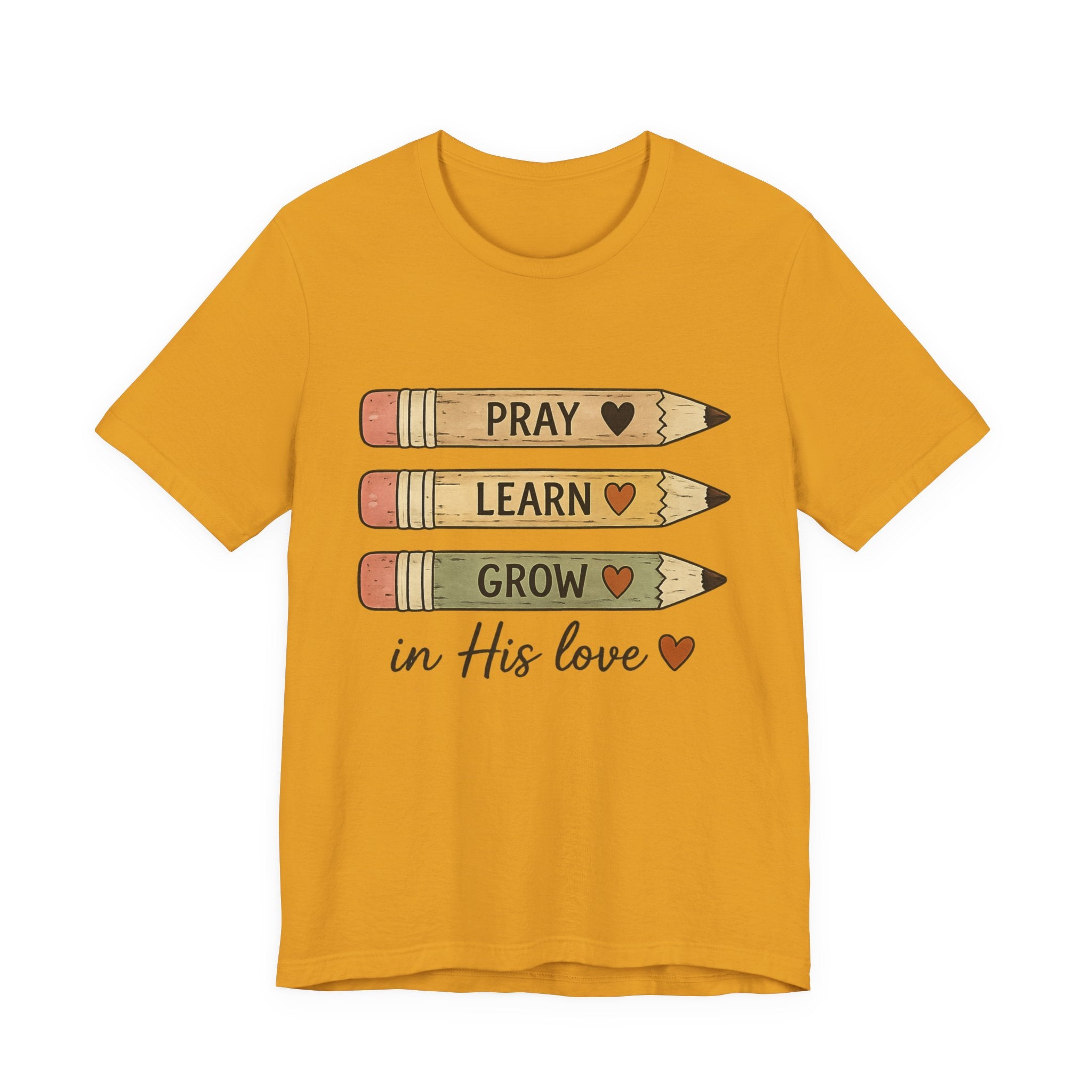 Womans Pray, Learn, Grow Tee — 'Pray Learn Grow in His Love' Christian Pencil Graphic T-Shirt